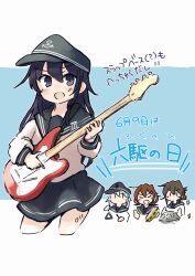  4girls absurdres akatsuki_(kancolle) anchor_symbol bass_guitar black_hat black_sailor_collar black_skirt blush brown_hair commentary_request cropped_legs flat_cap folded_ponytail grey_hair hair_between_eyes hair_ornament hairclip hat hibiki_(kancolle) highres ikazuchi_(kancolle) inazuma_(kancolle) instrument kantai_collection long_hair long_sleeves ma_rukan multiple_girls music neckerchief playing_instrument pleated_skirt purple_hair red_neckerchief sailor_collar school_uniform serafuku short_hair signature skirt tambourine translation_request triangle_(instrument) v-shaped_eyebrows violet_eyes 