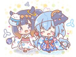  2girls :d ^_^ ahoge animal bag bagged_fish black_eyes blue_hair blue_hakama blue_kimono blush_stickers bow candy_apple chibi closed_eyes commentary_request daifuku_(yukihana_lamy) fang fish floral_print food hakama hakama_skirt heart heart_ahoge highres holding holding_food hololive hololive_english japanese_clothes kimono long_hair long_sleeves mitarashi_neko multicolored_hair multiple_girls ninomae_ina'nis obi open_mouth pointy_ears print_hakama print_kimono red_bow sash skin_fang skirt sleeves_past_fingers sleeves_past_wrists smile streaked_hair takodachi_(ninomae_ina'nis) twintails very_long_hair virtual_youtuber water_yoyo white_kimono wide_sleeves yukata yukihana_lamy yukihana_lamy_(new_year) 