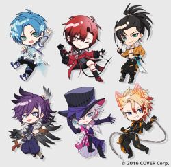  6+boys :d ;) \m/ animal_ears aqua_eyes arm_up armor axel_syrios axel_syrios_(1st_costume) banzoin_hakka banzoin_hakka_(1st_costume) between_fingers black_bodysuit black_boots black_gloves black_hair black_jacket black_pants black_shirt black_socks blonde_hair blue_eyes blue_hair blue_hands bodysuit boots bottle braid chain chibi chibi_only clenched_hand clenched_hands coat colored_extremities copyright_notice cropped_jacket crossed_legs dog_ears drop_shadow earrings elbow_gloves fake_animal_ears fake_tail feather_earrings feather_hair_ornament feathers fingerless_gloves fujishima02 fur-trimmed_jacket fur_trim gavis_bettel gavis_bettel_(1st_costume) gloves green_eyes grey_background grey_haori grey_sleeves grin hadanugi_dousa hair_ornament hakama hakama_pants hand_on_own_hat hand_on_own_hip haori hat high_heel_boots high_heels highres holding holding_bottle holding_chain holding_ofuda holostars holostars_english holotempus hood hoodie invisible_chair jacket japanese_clothes jewelry josuiji_shinri layered_sleeves legwear_garter long_coat long_hair long_sleeves machina_x_flayon machina_x_flayon_(1st_costume) male_focus multicolored_coat multicolored_hair multiple_boys necktie official_art ofuda ofuda_between_fingers okobo one_eye_closed open_clothes open_jacket open_mouth orange_gloves orange_jacket outstretched_arm pants pink_hair platform_sandals pom_pom_(clothes) ponytail purple_hair purple_hakama red_coat red_hair red_shoes red_streaks regis_altare sandals scarf shirt shoes short_hair short_over_long_sleeves short_sleeves side_braid simple_background single_braid single_hair_streak sitting smile socks streaked_hair striped_coat tail tassel thigh_boots top_hat torn_clothes torn_pants vertical-striped_coat virtual_youtuber waving white_hair white_hoodie white_scarf white_shoes white_streaks 