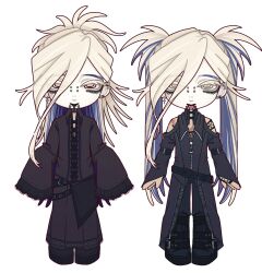  1boy bare_shoulders black_boots black_jacket black_pants black_skirt boots bridge_piercing closed_mouth clothing_cutout colored_eyelashes colored_inner_hair ear_piercing face_piercing frilled_sleeves frills gachiakuta high_ponytail highres ivttasatelier jacket lace-trimmed_sleeves lace_trim lip_piercing long_hair looking_at_viewer multicolored_hair multiple_views pants piercing ponytail shoulder_cutout simple_background skirt sleeves_past_fingers sleeves_past_wrists smile spike_piercing tamsy_caines tongue tongue_out twintails very_long_hair visual_kei white_background white_hair 