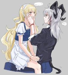 2girls alternate_costume antenna_hair aoi_(aoisaka) black_horns black_sweater blonde_hair blue_pants blush bracelet collared_shirt commentary curled_horns demon_tail dress english_commentary english_text grey_background hairband highres horns jewelry long_hair looking_at_another multiple_girls necklace open_mouth pants phoebe_(wuthering_waves) shirt simple_background sitting smile speech_bubble squeezing_cheeks sweater tail violet_eyes white_dress wuthering_waves yuri zani_(wuthering_waves) 