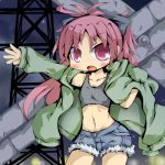  bad_id blush caraduki carazuki cutoffs dressing fang jacket long_hair mahou_shoujo_madoka_magica navel night open_mouth pink_eyes pink_hair ponytail sakura_kyouko short_hair short_shorts shorts solo sports_bra 