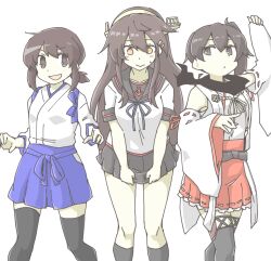  3girls :d akara_kai black_sailor_collar black_skirt black_socks black_thighhighs blue_neckerchief blue_skirt blush brown_eyes brown_hair clothes_pull collarbone commentary_request cosplay costume_switch detached_sleeves double-parted_bangs embarrassed feet_out_of_frame frilled_skirt frills fubuki_(kancolle) fubuki_kai_ni_(kancolle) fubuki_kai_ni_(kancolle)_(cosplay) hair_between_eyes hair_ornament hairband hairclip hakama hakama_short_skirt hakama_skirt haruna_(kancolle) haruna_(kancolle)_(cosplay) japanese_clothes kaga_(kancolle) kaga_(kancolle)_(cosplay) kantai_collection kimono kneehighs long_hair long_sleeves looking_at_viewer looking_down low_ponytail medium_hair miniskirt multiple_girls neckerchief nontraditional_miko orange_eyes pleated_skirt ponytail red_skirt sailor_collar school_uniform serafuku shirt short_sleeves side_ponytail sidelocks simple_background skirt skirt_pull smile socks standing thigh-highs very_long_hair white_background white_kimono white_shirt wide_sleeves yellow_hairband zettai_ryouiki 