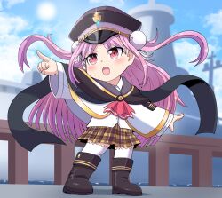  1girl black_capelet black_hat capelet chibi chibi_only commentary_request commission double_bun floating_hair full_body hair_bun hat heaven_burns_red highres index_finger_raised korean_commentary kunimi_tama long_hair looking_to_the_side military_rank_insignia military_vehicle pen_(vmffptnlvos) pink_eyes pink_hair pointing railing sailor_hat school_uniform ship standing warship watercraft zettai_ryouiki 