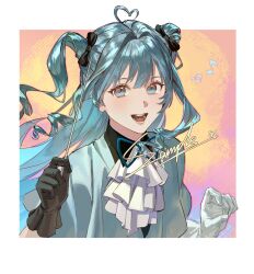  1girl ahoge ascot asymmetrical_gloves black_bow black_gloves black_shirt blue_eyes blue_hair blue_ribbon blue_shirt blush border bow collared_shirt commission floating_hair gloves hair_between_eyes hair_bow hands_up heart heart_ahoge highres long_hair looking_at_viewer mismatched_gloves musical_note neck_ribbon open_mouth orange_background original pink_background ribbon sample_watermark shirt short_sleeves smile solo teeth tongue two-tone_background two_side_up upper_body watermark wavy_hair weibo_username weibo_watermark white_ascot white_border white_gloves zhongerweiyuan 