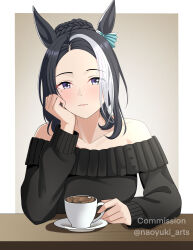  1girl absurdres animal_ears arm_rest bare_shoulders black_hair black_sweater blush border closed_mouth collarbone commentary_request commission cup ear_ornament gradient_background hair_bun head_rest highres horse_ears horse_girl long_sleeves looking_at_viewer mejiro_ramonu_(casual)_(umamusume) mejiro_ramonu_(umamusume) mole mole_under_eye multicolored_hair naoyuki_arts off-shoulder_sweater off_shoulder saucer short_hair solo streaked_hair sweater table teacup twitter_username umamusume upper_body violet_eyes white_border white_hair wooden_table 