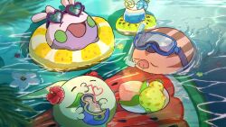  berry_(pokemon) closed_eyes commentary crazy_smile cup drinking drinking_straw eyewear_on_head flower food goomy gulpin heart heart-shaped_eyewear hibiscus highres holding holding_cup inflatable_raft innertube mixed-language_commentary no_humans oguraan open_mouth partially_submerged pecha_berry pig_snout plate pokemon pokemon_(creature) pokemon_focus red_flower sitrus_berry smile snorkel swim_ring swinub water white_flower 