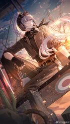  1boy absurdres aircraft airplane arm_support aviator_cap aviator_goggles bare_tree belt belt_buckle binoculars biplane black_belt black_scarf black_shirt boots breast_pocket brown_boots brown_hat brown_jacket brown_pants buckle cactus cael_anselm cael_anselm_(book_of_tales) chinese_commentary closed_mouth clouds cropped_jacket diffraction_spikes dutch_angle fingerless_gloves foot_out_of_frame gloves goggles goggles_on_headwear hair_between_eyes hat high_ponytail highres holding holding_binoculars jacket knee_up lace-up_boots light_particles long_hair long_hair_between_eyes looking_to_the_side lovebrush_chronicles male_focus official_art on_airplane open_clothes open_jacket outdoors pants pocket ponytail rock sand scarf senryoko shirt sitting sleeves_rolled_up solo sunset tree very_long_hair violet_eyes watermark weibo_watermark white_hair 