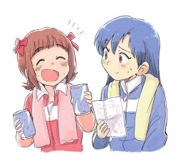  2girls :d amami_haruka blue_hair blue_jacket bow brown_eyes brown_hair can closed_eyes closed_mouth commentary_request cropped_torso drink_can hair_bow holding holding_can holding_paper idolmaster idolmaster_(classic) jacket kisaragi_chihaya long_hair looking_at_another multiple_girls multiple_hair_bows open_mouth paper red_bow red_jacket short_hair simple_background smile towel towel_around_neck track_jacket tsubobot white_background 