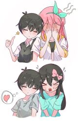  >_< 1boy 1girl aged_down alternate_costume antenna_hair aubrey_(faraway)_(omori) aubrey_(omori) black_hair black_sweater_vest blue_hairband blue_shirt blush bow closed_eyes closed_mouth collarbone collared_shirt covering_own_face crop_top flying_sweatdrops grey_shirt hair_between_eyes hair_bow hairband heart highres jacket long_hair long_shirt long_sidelocks omori oreo_main pink_bow pink_hair shirt short-sleeved_jacket short_sleeves sidelocks simple_background speech_bubble spoken_heart sunny_(omori) sweat sweater_vest t-shirt thought_bubble thumbs_up white_background white_shirt 