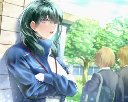  3girls :o alternate_universe bag black_jacket blazer blonde_hair blue_eyes blue_jacket blue_sky breasts clouds commentary_request contemporary crossed_arms day female_byleth_(fire_emblem) fire_emblem fire_emblem:_three_houses gym_teacher highres jacket lanyard long_sleeves medium_breasts medium_hair multiple_girls open_mouth outdoors school_bag school_uniform shirt shoulder_bag sky solo_focus teeth track_jacket tree ujiji0401 upper_teeth_only whistle whistle_around_neck white_shirt 