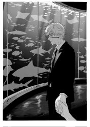  1boy 1other animal border chainsaw_man collared_shirt commentary_request denji_(chainsaw_man) eyepatch greyscale highres holding_hands jacket male_focus mekill215280 monochrome necktie out_of_frame pants shark shirt shirt_tucked_in solo_focus standing suit suit_jacket white_border 