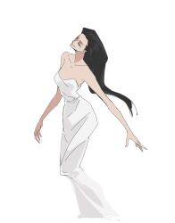  1girl bare_shoulders black_hair closed_eyes closed_mouth dress guaguapiu hair_slicked_back long_dress long_hair nico_robin one_piece simple_background smile solo strapless strapless_dress white_background white_dress 