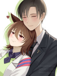  1boy 1girl absurdres agnes_tachyon_(tach-nology)_(umamusume) agnes_tachyon_(umamusume) ahoge animal_ears black_jacket black_necktie blush brown_hair closed_eyes closed_mouth coat commentary_request commission heart highres horse_ears horse_girl hug jacket lab_coat lapel_pin messy_hair naoyuki_arts necktie open_clothes open_coat red_eyes short_hair short_necktie simple_background smile sweater_vest trainer_(umamusume) twitter_username umamusume white_background 