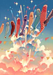  clouds day fireworks jauni_(tofublock) koinobori no_humans original outdoors signature solo windsock 
