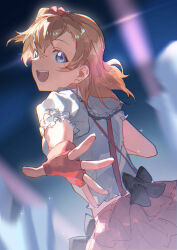  1girl :d absurdres blue_eyes blurry blurry_background bokura_wa_ima_no_naka_de commentary_request cowboy_shot fingerless_gloves frilled_shirt frilled_skirt frilled_sleeves frills gloves highres inazuma_(elect_line) kosaka_honoka looking_at_viewer looking_back love_live! love_live!_school_idol_project medium_hair midriff night one_side_up open_mouth orange_hair outdoors puffy_short_sleeves puffy_sleeves reaching reaching_towards_viewer red_gloves red_skirt shirt short_sleeves skirt smile solo teeth upper_teeth_only white_shirt 