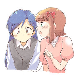  2girls amami_haruka black_sweater_vest blue_hair bow brown_eyes brown_hair closed_mouth collared_shirt cropped_torso earphones earphones green_eyes hair_bow idolmaster idolmaster_(classic) kisaragi_chihaya long_hair looking_at_another multiple_girls pink_shirt red_bow shirt short_hair side-by-side simple_background sweater_vest tsubobot turning_head white_background 