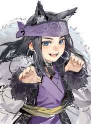  1girl ainu ainu_clothes animal_ears asirpa bandana black_hair blue_eyes blush cape commentary_request earrings fur_cape golden_kamuy highres hoop_earrings jewelry kemo_nya kemonomimi_mode korean_commentary long_hair looking_at_viewer open_mouth paw_pose simple_background smile solo upper_body white_background wolf_ears wolf_girl 