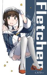  1girl absurdres blush brown_hair commentary_request cosplay fletcher_(kancolle) fletcher_(kancolle)_(cosplay) fubuki_(kancolle) gloves green_eyes hairband highres kantai_collection ma_rukan neckerchief off_shoulder open_mouth pleated_skirt ponytail sailor_collar school_uniform serafuku short_hair short_ponytail signature skirt solo star_(symbol) thigh-highs white_gloves white_hairband white_sailor_collar white_skirt white_thighhighs yellow_neckerchief 
