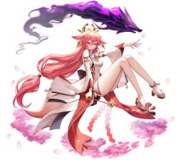  1girl animal_ears bare_shoulders blush breasts cherry_blossoms commentary_request detached_sleeves earrings eyeshadow falling_petals fingernails fox fox_ears fox_shadow_puppet genshin_impact hair_between_eyes hair_ornament headgear highres japanese_clothes jewelry knees korean_commentary legs long_hair low-tied_long_hair makeup nail_polish nontraditional_miko petals pink_hair popoka0930 print_sleeves red_eyeshadow ribbon-trimmed_sleeves ribbon_trim sidelocks simple_background solo thick_thighs thighs violet_eyes white_background wide_sleeves yae_miko yae_miko_(fox) 