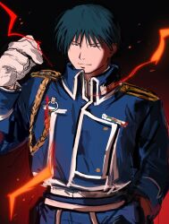  1boy amestris_military_uniform black_eyes buttons chalian105 closed_mouth fire fullmetal_alchemist gloves gradient_background hair_between_eyes hand_in_pocket hand_up high_collar male_focus roy_mustang short_hair smile solo standing upper_body v-shaped_eyebrows white_gloves 