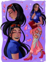  1girl ^_^ black_hair blue_jacket book closed_eyes commentary english_commentary eyelashes eyewear_on_head falling_petals full_body hair_slicked_back high_collar high_heels highres holding holding_book jacket long_hair looking_to_the_side multiple_views nico_robin one_piece petals pink_petals purple_background sarong short_sleeves simple_background smile tendrsketch 