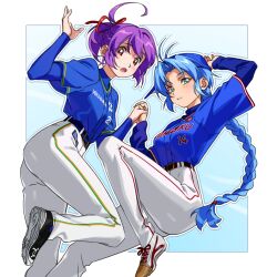  2girls :o ahoge antenna_hair ass backwards_hat baseball_cap baseball_uniform belt blue_hair blue_shirt blush border braid braided_ponytail green_eyes hair_ribbon hat high-waist_pants holding_hands home_(houmei) interlocked_fingers jikkyou_powerful_pro_yakyuu layered_sleeves long_hair long_sleeves looking_at_viewer multiple_girls open_mouth outline pants parted_lips ponytail purple_hair red_eyes red_ribbon ribbon rokudou_hijiri shirt shirt_tucked_in shoes short_hair short_over_long_sleeves short_ponytail short_sleeves single_braid sneakers sportswear tachibana_mizuki_(pawapro) very_long_hair white_border white_outline white_pants 