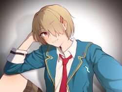  1girl arm_behind_head arm_support brown_hair commentary_request hair_ornament hair_over_one_eye hairpin heaven_burns_red kayamori_ruka looking_at_viewer necktie one_eye_covered red_eyes red_necktie risai school_uniform short_hair simple_background white_background 