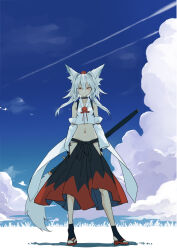  absurdres animal_ear_fluff animal_ears bare_shoulders belly black_skirt breasts closed_mouth clouds commentary_request detached_sleeves eyelashes field full_body hat highres holding holding_behind_back holding_sword holding_sword_behind_back holding_weapon holding_weapon_behind_back inubashiri_momiji kakaricho_dairi long_sleeves looking_at_viewer navel pom_pom_(clothes) red_skirt shoes short_hair skirt sky small_breasts sword tabi tail touhou very_long_tail weapon white_hair white_tail wolf_ears wolf_girl wolf_tail yellow_eyes 