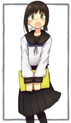  1girl absurdres adapted_costume black_hair black_pantyhose black_sailor_collar black_skirt blue_neckerchief blush_stickers book brown_eyes commentary_request cowboy_shot fubuki_(kancolle) fubuki_kai_ni_(kancolle) highres kantai_collection long_skirt long_sleeves low_ponytail ma_rukan neckerchief pantyhose pleated_skirt ponytail sailor_collar school_uniform serafuku short_hair short_ponytail sidelocks skirt smile solo standing white_background 