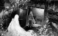  1boy 1girl alternate_costume alternate_universe artist_name braid bridal_gauntlets close-up closed_eyes closed_mouth commentary couple door drosaxx flower from_behind full_body genshin_impact hair_ornament hand_up head_tilt highres humanization indoors japanese_clothes kimono long_hair long_sleeves mojihuaran monochrome on_ground orobashi_(genshin_impact) raiden_shogun ripples single_braid sitting snake_boy standing thigh-highs upper_body very_long_hair water wide_sleeves 