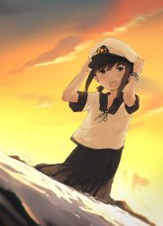  1girl absurdres black_sailor_collar black_skirt blue_neckerchief blush brown_hair commentary_request evening fubuki_(kancolle) fubuki_kai_ni_(kancolle) hat highres kantai_collection looking_at_viewer ma_rukan neckerchief open_mouth outdoors partially_submerged sailor_collar school_uniform serafuku short_sleeves skirt sky solo water white_hat 