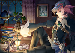  1boy ai_(yu-gi-oh!) akisaki alternate_costume belt belt_pouch black_boots black_coat black_hair black_mage_(final_fantasy) black_mage_(final_fantasy)_(cosplay) blue_sky book boots brown_gloves checkered_wall coat colored_bangs cosplay fantasy firewall_dragon fujiki_yusaku globe gloves green_eyes hand_on_ground high_collar highres humanoid_robot indoors jewelry knee_up lantern leaning_back looking_ahead male_focus night on_ground open_book outstretched_arm painting_(object) picture_frame plant potted_plant pouch robot sitting sky spiky_hair star_(sky) thigh_boots window yu-gi-oh! yu-gi-oh!_vrains 