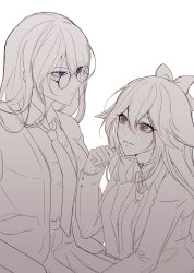  2girls alternate_costume animal_ears bad_id bad_twitter_id blunt_bangs blush bow braid clenched_hand closed_mouth collared_shirt couch fox_ears fox_girl genshin_impact glasses gomannyaa hair_between_eyes hair_bow highres jacket kneeling long_hair long_sleeves looking_at_another looking_down looking_to_the_side looking_up mole mole_under_eye monochrome multiple_girls necktie raiden_shogun school_uniform shirt simple_background single_braid skirt upper_body violet_eyes white_background yae_miko yuri 