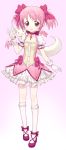  bow brown_eyes choker comiccho gloves hair_bow highres jewelry kaname_madoka kneehighs kyubey kyuubee mahou_shoujo_madoka_magica pendant pink_hair puffy_sleeves red_eyes short_hair short_twintails skirt twintails 