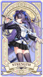  1girl absurdres black_jacket black_skirt black_thighhighs breasts card_(medium) character_name chinese_commentary commentary_request electricity highres holding holding_sword holding_weapon honkai_(series) honkai_gakuen jacket long_hair medium_breasts official_art purple_hair raiden_mei shirt skirt solo sword tarot tarot_(medium) thigh-highs thighs very_long_hair violet_eyes weapon white_shirt zettai_ryouiki 