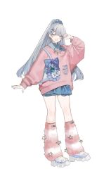  1girl aqua_eyes bag commentary daimaou_ruaeru frilled_bag full_body grey_hair handbag high_ponytail highres long_hair long_sleeves looking_at_viewer original pink_sweater ponytail sweater untranslatable_commentary white_background 