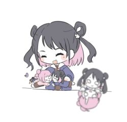  1girl anyoji_hime brown_dress cardigan character_doll churhami colored_inner_hair commentary_request doll dolls_kissing dress hair_rings hasu_no_sora_school_uniform heart implied_yuri korean_commentary link!_like!_love_live! long_sleeves love_live! multicolored_hair neckerchief nesoberi open_cardigan open_clothes pink_hair purple_cardigan red_neckerchief sailor_collar sailor_dress school_uniform shirin_mion simple_background solo two_side_up virtual_youtuber white_background white_sailor_collar winter_uniform 