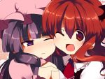  :d bad_id blush cheek-to-cheek cheek_to_cheek close-up face fang happy hat head_wings holding_hands interlocked_fingers koakuma long_hair matatabi_maru multiple_girls open_mouth patchouli_knowledge purple_eyes purple_hair red_eyes red_hair redhead smile the_embodiment_of_scarlet_devil touhou violet_eyes wavy_mouth wince wink 