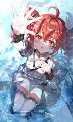  absurdres ahoge belt buttons ccczr commentary crack double-breasted dress drill_hair frilled_skirt frills from_above grey_jacket grey_skirt hair_ribbon hand_on_own_chest hand_up high_collar highres jacket kasane_teto kasane_teto_(sv) layered_dress long_sleeves open_mouth red_eyes red_hair red_trim ribbon shoulder_boards sitting skirt synthesizer_v twin_drills twintails utau 