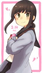  1girl black_sailor_collar black_skirt blush box brown_hair cardigan commentary_request dated fubuki_(kancolle) fubuki_kai_ni_(kancolle) gift gift_box green_eyes heart heart-shaped_box highres jewelry kantai_collection long_sleeves ma_rukan pleated_skirt ponytail purple_cardigan ring sailor_collar school_uniform serafuku short_hair short_ponytail skirt smile solo valentine wedding_ring 