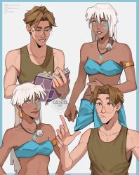  1boy 1girl absurdres atlantis:_the_lost_empire bandeau blue_bandeau blue_border blue_eyes blush book border brown_eyes castplace commentary dark-skinned_female dark_skin glasses green_tank_top hair_between_eyes highres holding holding_book jewelry kidagakash milo_james_thatch multiple_views necklace short_hair simple_background tank_top white_background 