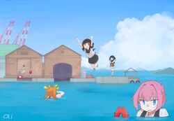  6+girls abyssal_ship akizuki_(kancolle) amatsukaze_(kancolle) black_hair black_headband black_sailor_collar black_skirt black_vest blonde_hair blue_eyes blush clouds commentary_request day enemy_lifebuoy_(kancolle) fubuki_(kancolle) fubuki_kai_ni_(kancolle) green_eyes grey_eyes grey_hair hachimaki hair_ribbon headband highres innertube kagerou_(kancolle) kantai_collection long_hair ma_rukan multiple_girls neckerchief open_mouth orange_neckerchief partially_submerged pink_hair pleated_skirt ponytail rensouhou-chan ribbon sailor_collar school_uniform serafuku shimakaze_(kancolle) shiranui_(kancolle) shirt short_hair short_ponytail short_sleeves signature skirt smile surfboard swim_ring twintails two_side_up vest water white_shirt white_skirt yellow_ribbon 