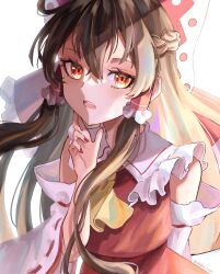  1girl ascot bow brown_hair commentary_request detached_sleeves frilled_bow frilled_hair_tubes frills gagaku_kawa_rei hair_bow hair_tubes hakurei_reimu highres long_hair looking_at_viewer open_mouth red_bow red_eyes red_skirt ribbon-trimmed_sleeves ribbon_trim skirt skirt_set solo touhou yellow_ascot 