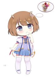  1girl absurdres antlers blue_dress blue_eyes blush brown_hair buttons chibi commentary_request dessert dress drooling finger_to_mouth food hair_ornament highres horns ice_cream indie_utaite kano_(utaite) parfait puffy_short_sleeves puffy_sleeves sailor_collar short_hair short_sleeves simple_background solo speech_bubble star_(symbol) star_button star_hair_ornament thinking thought_bubble white_background white_dress yu_ling_(linglan97596507) 