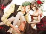  1girl alternate_costume black_hair breasts brown_eyes butterfly corset costume couple duo elbow_gloves flower glasses gloves green_hair kigisu lace looking_at_viewer mouth_hold necktie one_piece pillow red_string roronoa_zoro short_hair sitting string tashigi thigh-highs thighhighs valentine white_background 