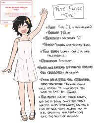  1girl :d ^_^ absurdres bare_shoulders black_hair blush borrego_tan character_profile closed_eyes commentary cross cross_hair_ornament dress english_commentary english_text full_body hair_ornament highres open_mouth original reference_sheet sandals short_hair sleeveless sleeveless_dress smile solo text_focus white_background 