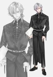  1boy alternate_costume alternate_hairstyle bag black_pants black_shirt closed_mouth commentary full_body fuwa_minato grey_hair grey_jacket hair_between_eyes highres holding holding_bag jacket jewelry light_smile long_sleeves mandarin_collar medium_hair multicolored_hair multiple_rings multiple_views nijisanji pants print_jacket ring shirt simple_background standing streaked_hair virtual_youtuber white_background wolfjamescamer1 