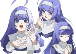  1girl blue_eyes blue_hair closed_eyes hairband highres long_hair multiple_views open_mouth orie_ballardiae_harada simple_background smile tears tierra_misu under_night_in-birth white_background white_hairband 