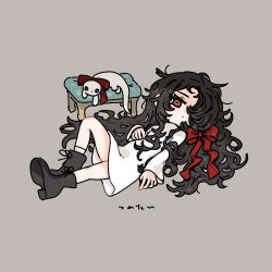  1girl black_boots black_hair boots bow brown_eyes creature gregor_(tsurunoka) grey_background hair_bow hair_over_one_eye highres knee_up lead_white_(tsurunoka) long_hair looking_at_viewer lying messy_hair on_back on_stool original red_bow simple_background socks stool tsumetai_(tsurunoka) very_long_hair white_socks 